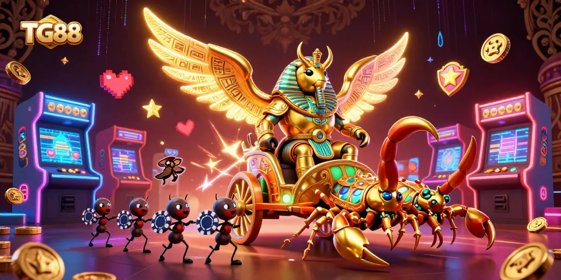 Engage in exciting gaming adventures with TG88's colorful casino illustration featuring dynamic characters and gaming elements.