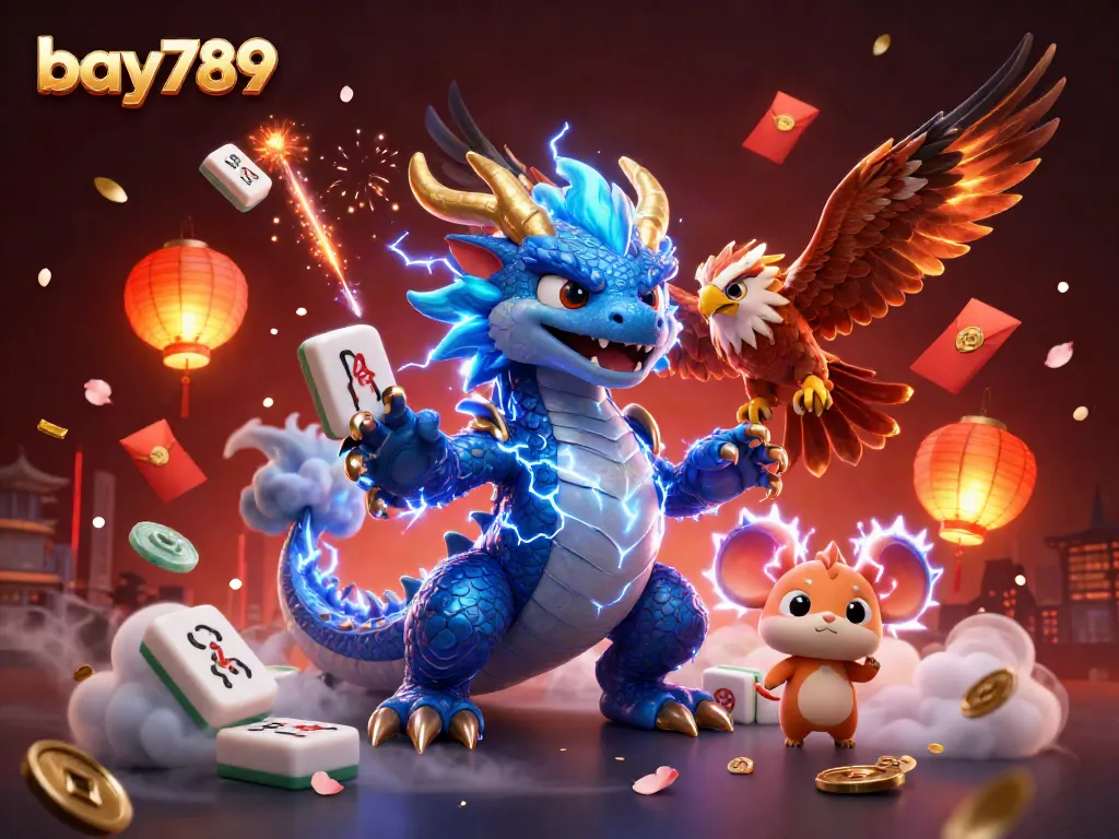Experience exciting gameplay at bay789 with dynamic animations featuring colorful casino elements and mythical creatures.