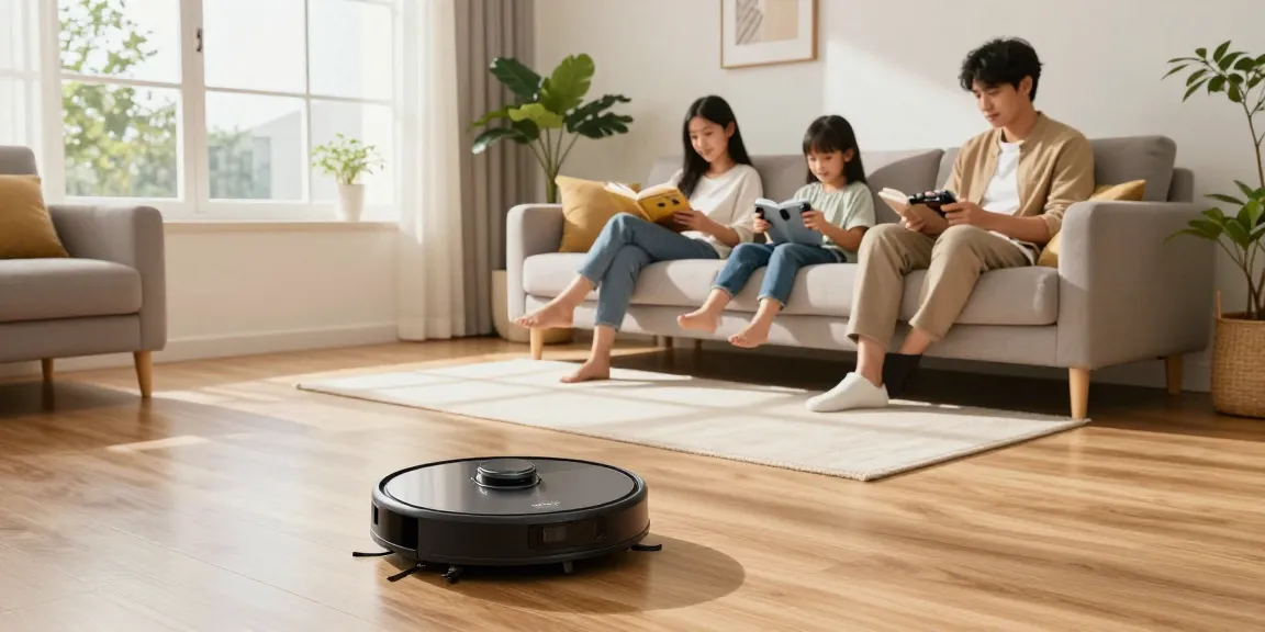 The best robot vacuum 2026 working efficiently in a stylish living room while a family enjoys their time together.