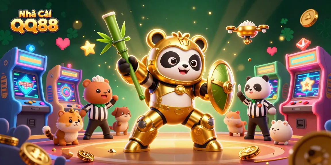 Experience the thrill at Nhà Cái QQ88 with captivating 3D visuals of a golden panda and gaming elements.