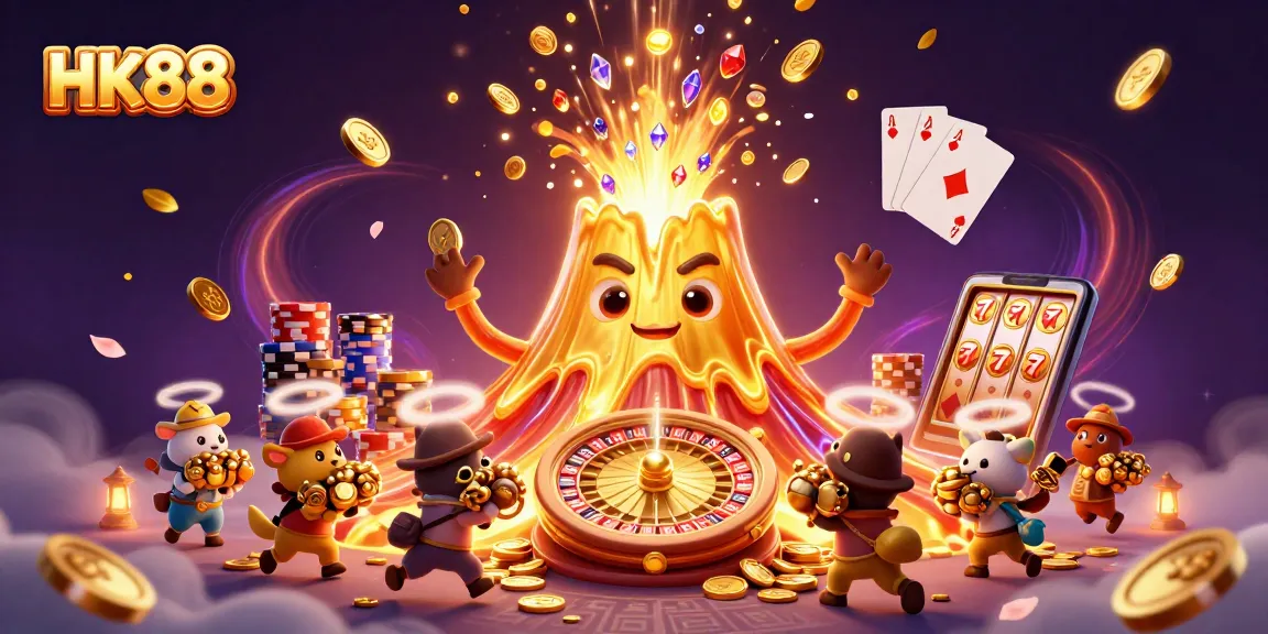 Experience thrilling wins at HK88, featuring a vibrant volcano of coins and games in a captivating scene.