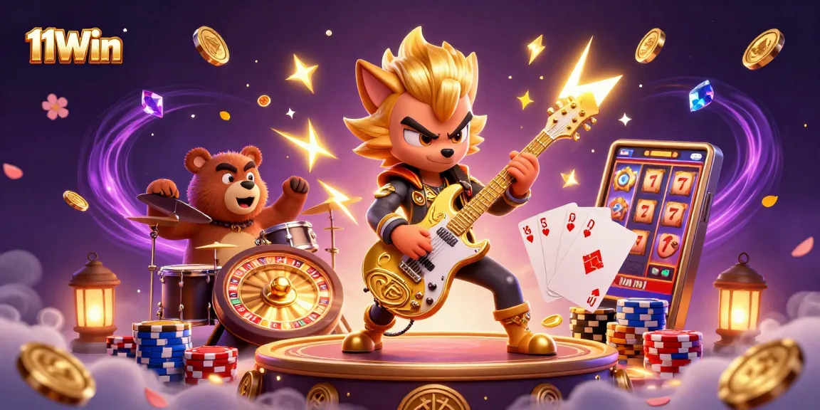 Shred with the 11Win rock star wolf on a dynamic casino stage full of action.