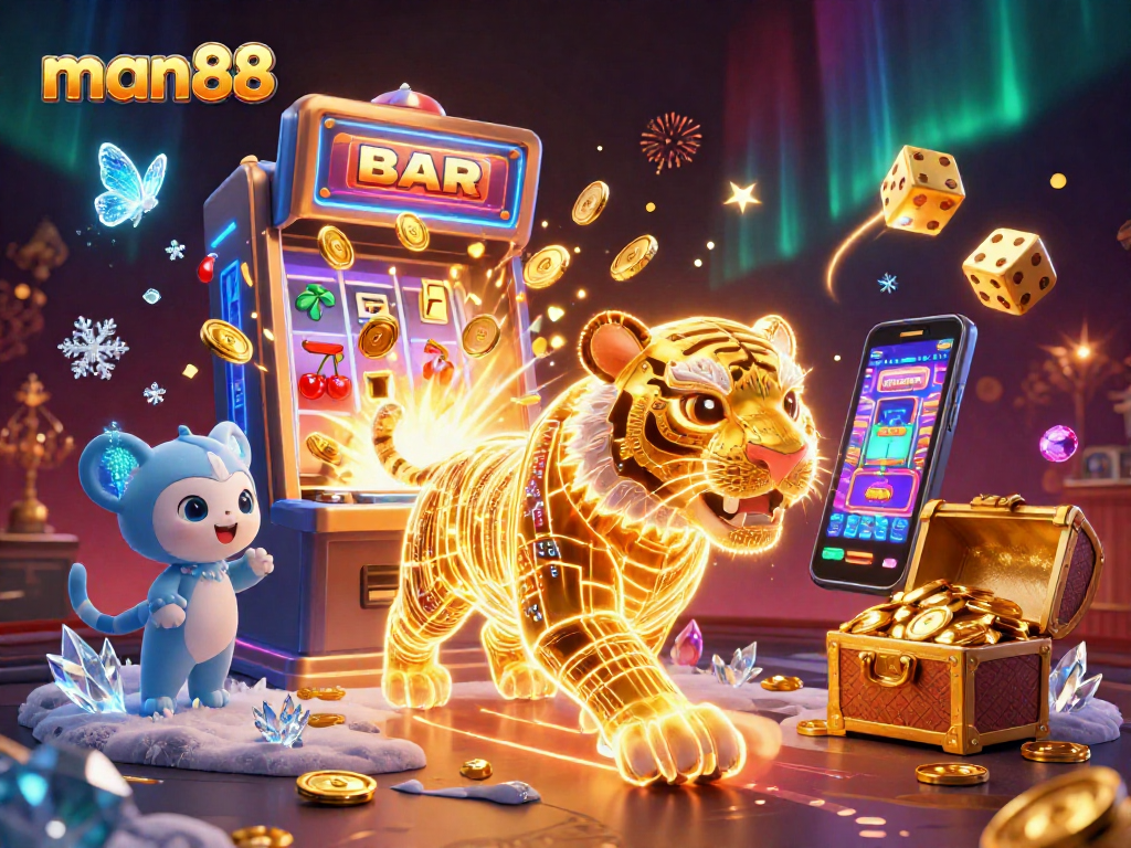 Experience thrilling wins with man88 as a golden tiger and slot machine burst with excitement!