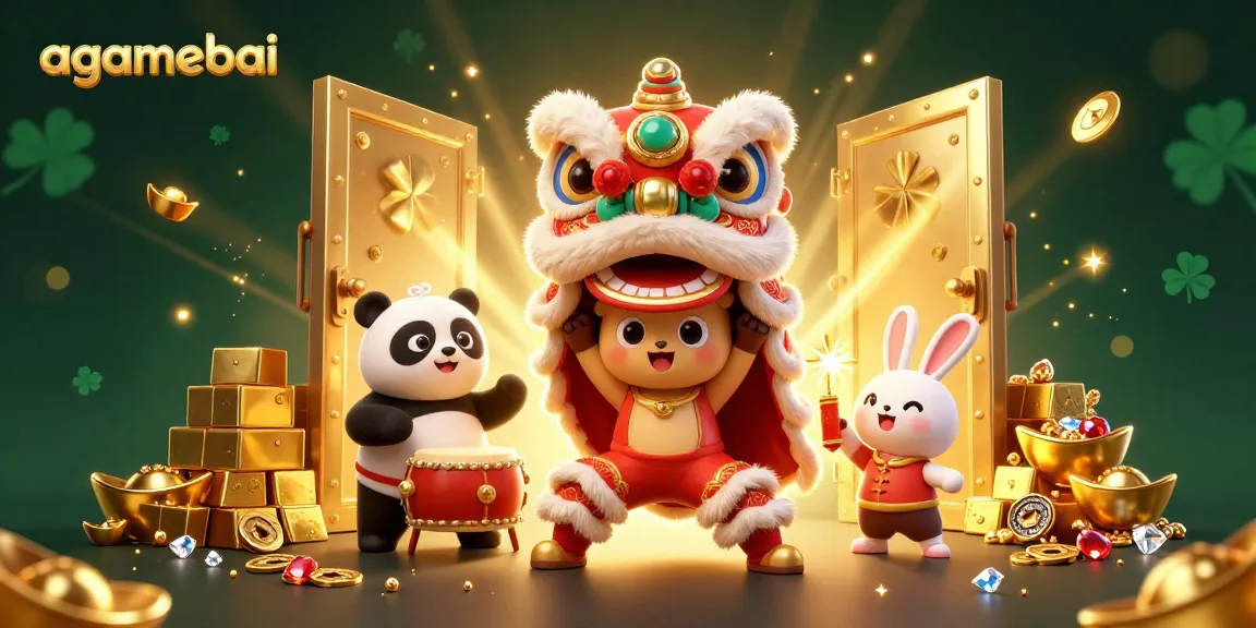 Experience agamebai fun with a vibrant lion dance illustration showcasing gold treasures and festive characters.