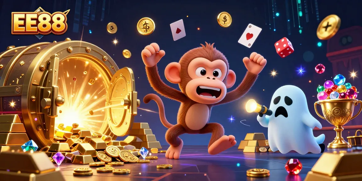 Experience the thrill of EE88 with a playful poltergeist monkey juggling golden treasures in a vibrant casino scene.