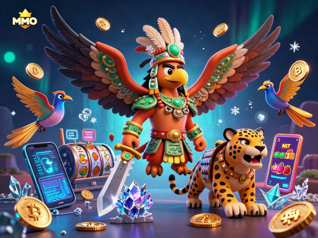 MMOO showcases an action-packed 3D casino scene with Aztec warriors and crypto elements.