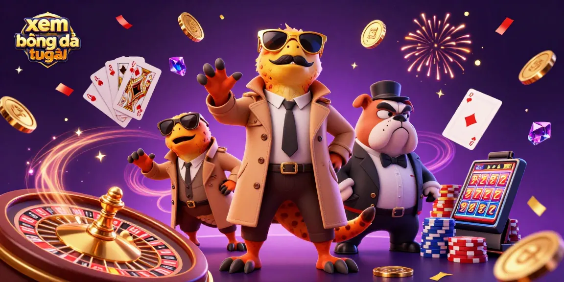 Experience xem bóng đá trực tiếp with thrilling casino vibes, featuring cartoon raptors and a bulldog bouncer.