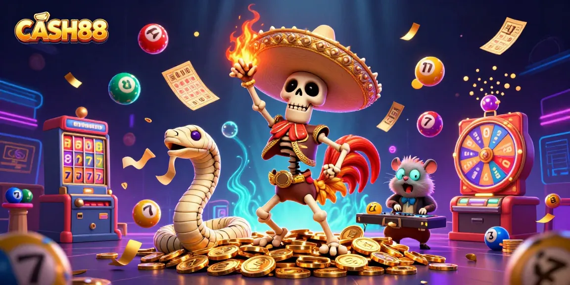 CASH88's lively gaming scene with a mariachi rooster celebrating amidst lottery balls and vibrant prizes.