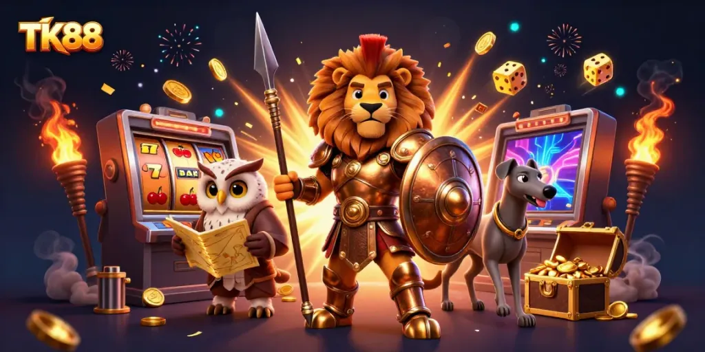 Engage with the vibrant TK88 casino scene bursting with rewards, featuring characters and jackpot excitement.