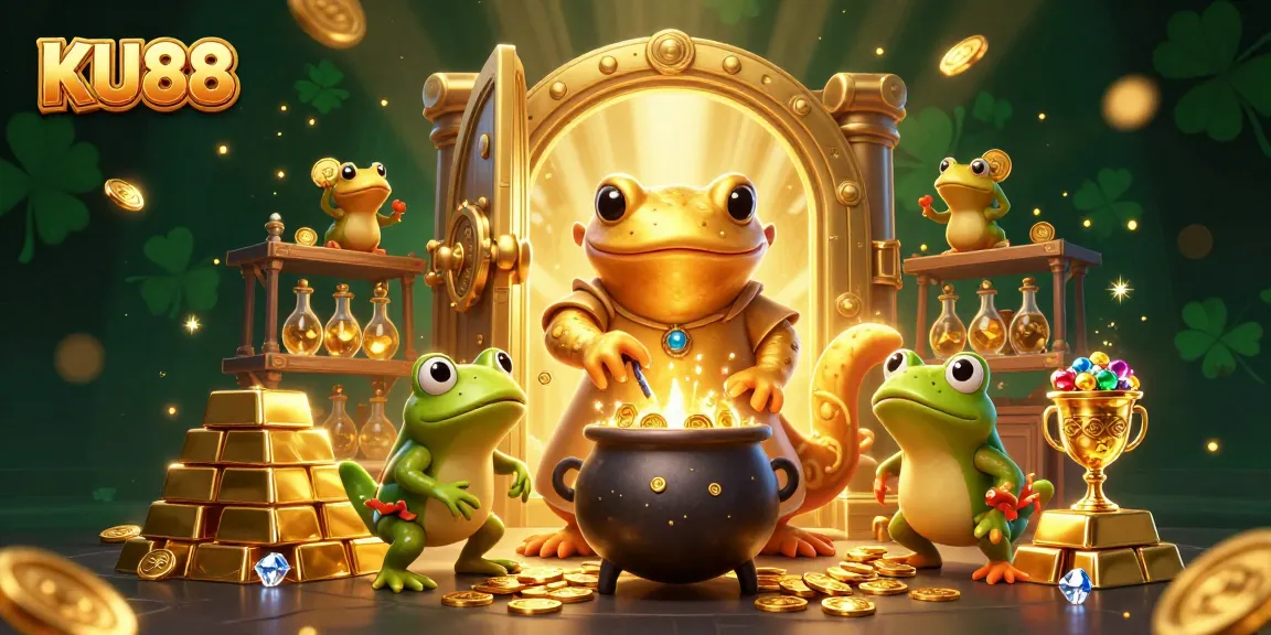 Experience the magic of KU88 as a golden salamander alchemist conjures riches in a lively casino scene.