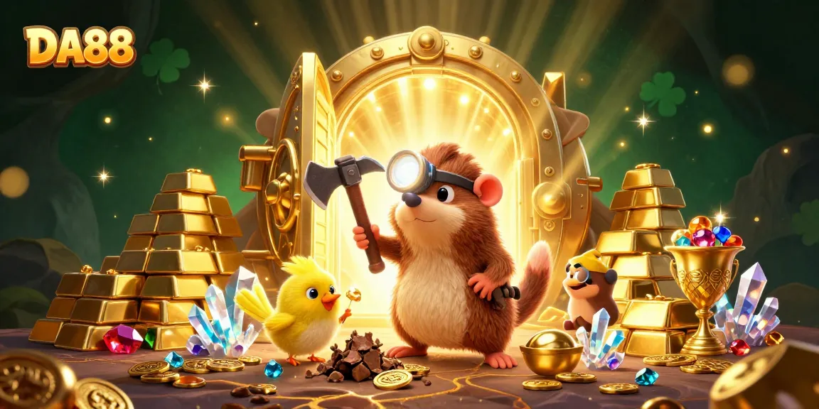 Engage in the excitement of DA88 casino adventures with a treasure hunter mole and glowing gems.