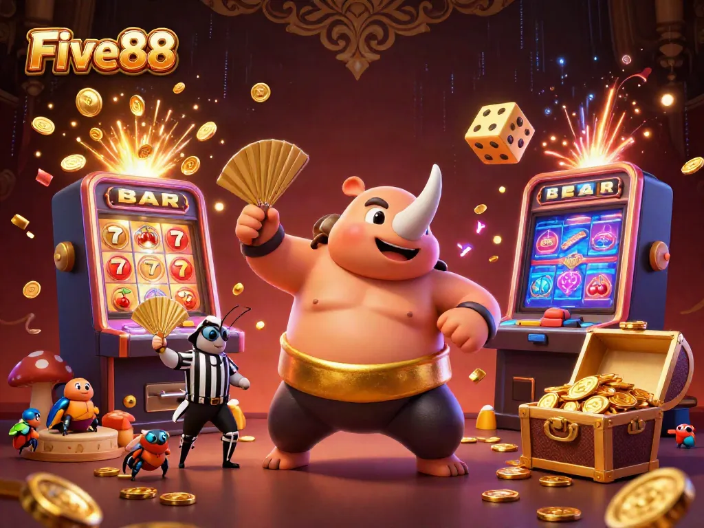 Experience the excitement of Five88 with a cartoon beetle champion and casino-themed elements.