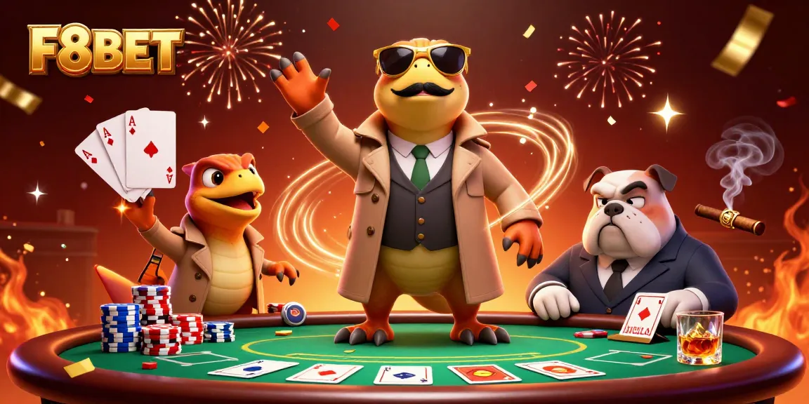 F8BET raptors hilariously attempt to enter a VIP lounge in 3D casino setting, showcasing vibrant gaming elements.