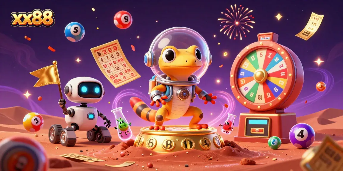 Experience the thrill of winning at xx88 with a captivating 3D illustration of a cartoon gecko exploring a golden casino.