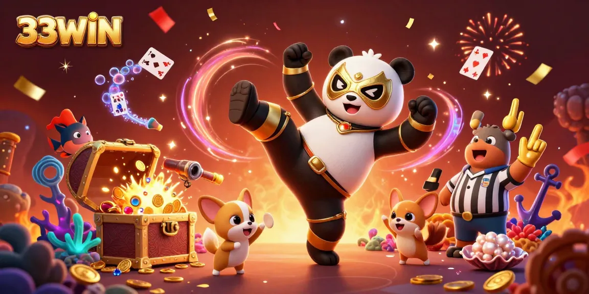 33WIN brings excitement to players with a dynamic casino scene featuring flying kicks and golden treasures.