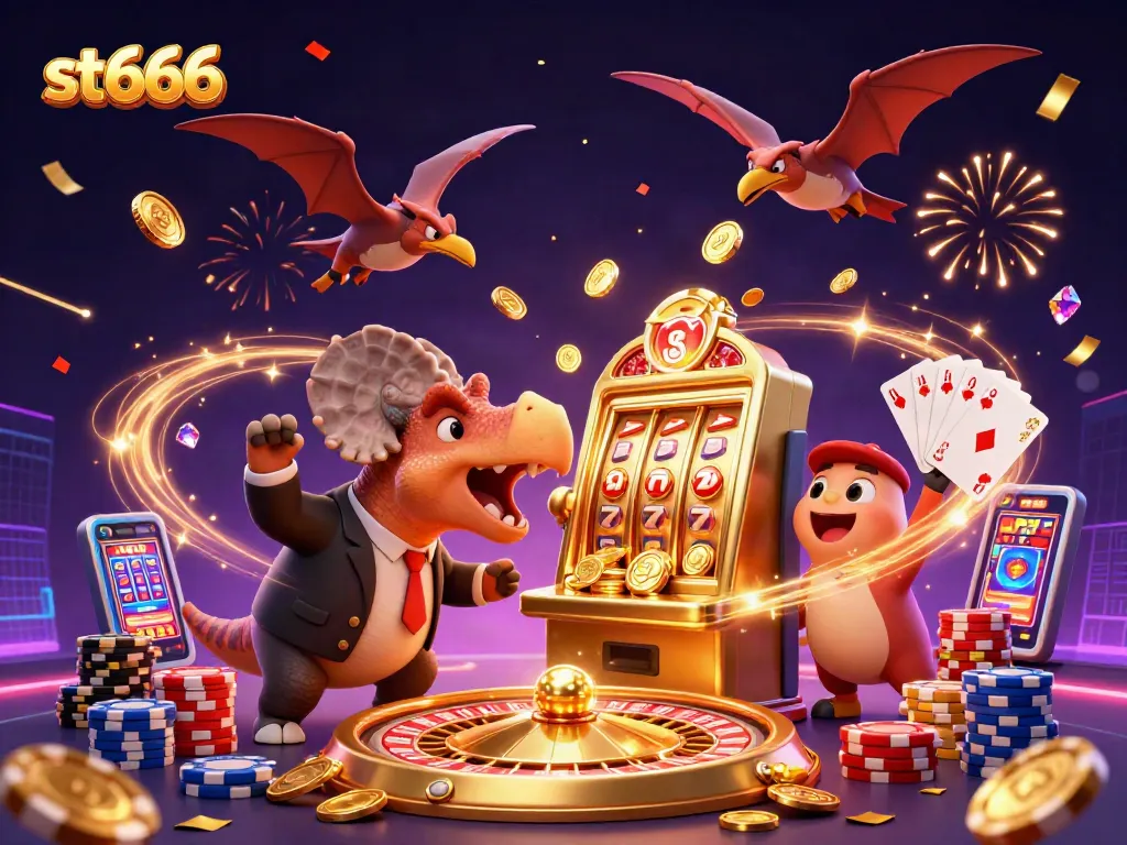 Experience thrilling st666 jackpots as a dinosaur hits a slot machine amidst golden winnings!