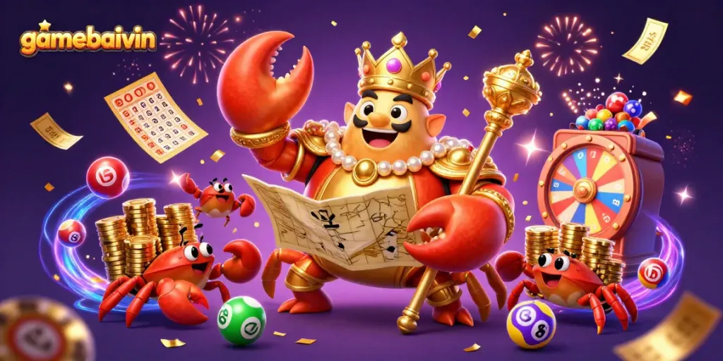 Gamebaivin showcases a vibrant gaming scene with a golden crab emperor amid festive lottery elements.
