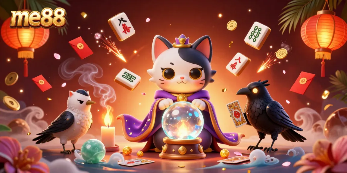 Experience thrilling gaming at me88, featuring a mystic cat, a tarot raven, and vibrant casino elements.