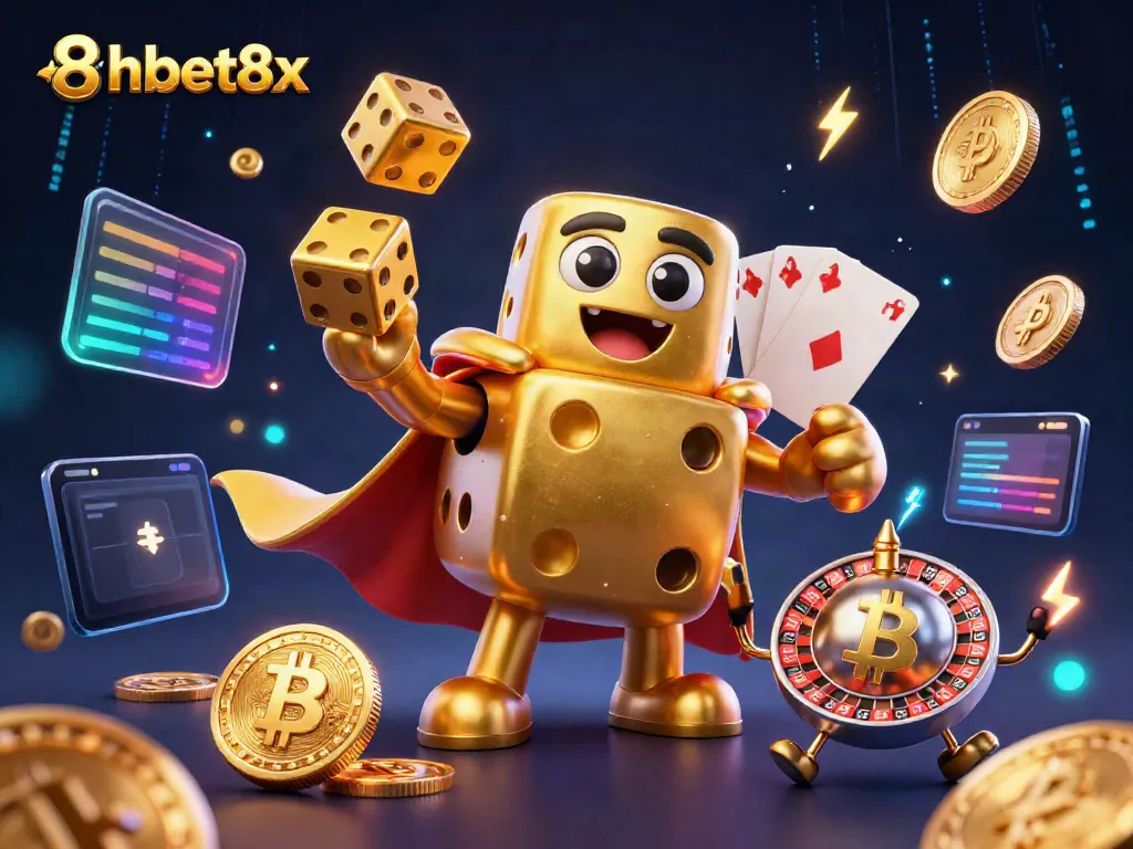 Experience thrilling casino actions with 8xbet8x as golden dice golem and crypto elements illuminate the scene.