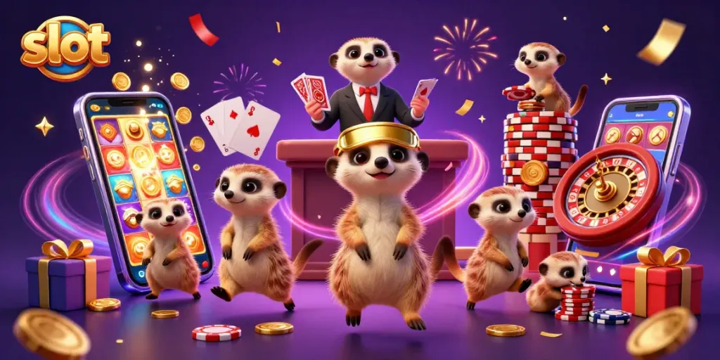 Experience thrilling slot action as meerkats engage in a vibrant casino scene with colorful elements.