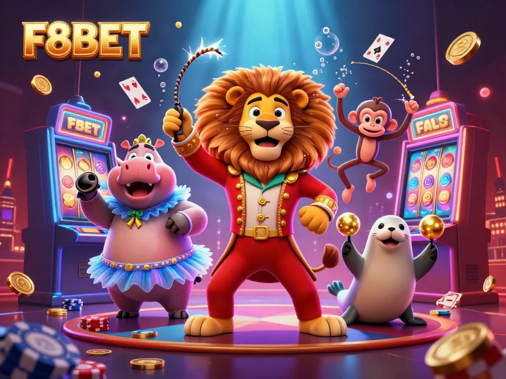 Experience thrilling gameplay at F8BET with a lively circus-themed casino scene featuring fun characters and dynamic game elements.