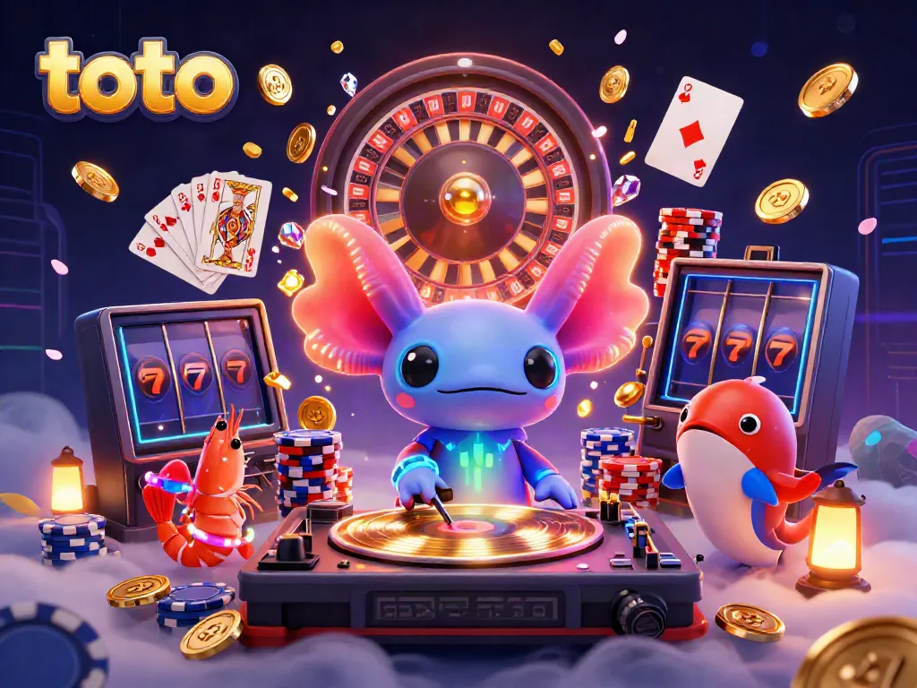 Experience exciting toto gaming with a neon axolotl DJ and dancing shrimp amidst flowing coins and cards.
