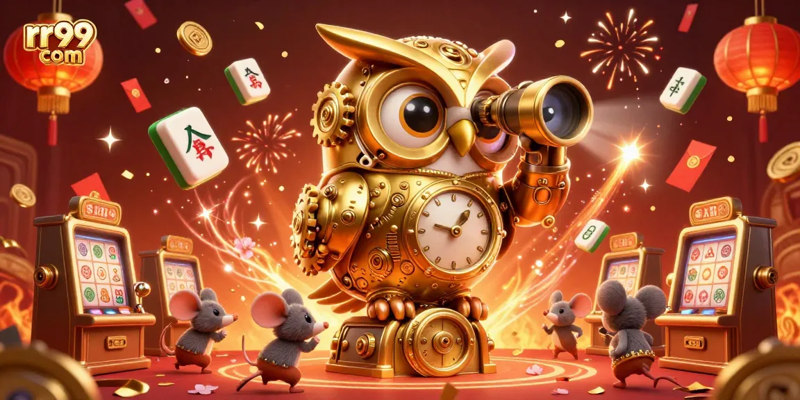 Experience the thrill of rr99 com with a dazzling casino scene featuring a clockwork owl and vibrant game elements.
