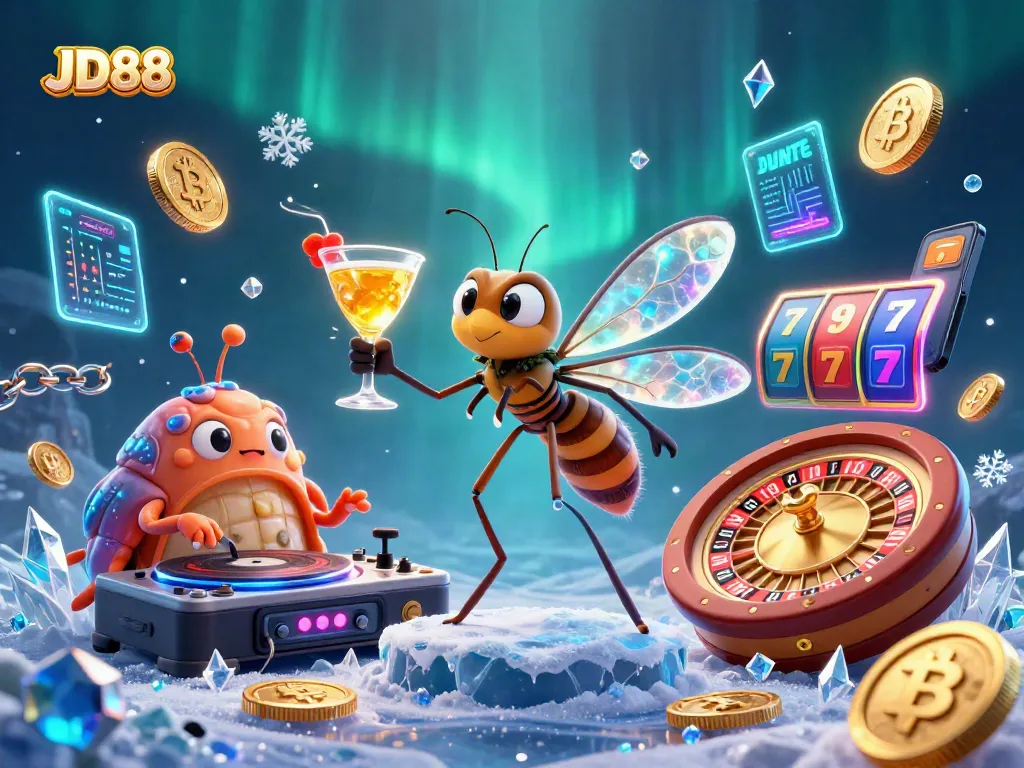 Experience the thrill at JD88 with a vibrant illustration of a frozen-in-amber mosquito and trilobite DJ among casino elements.