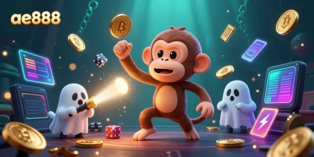Witness the enchanting ae888 atmosphere with a playful poltergeist monkey and a curious puppy in a haunted casino.