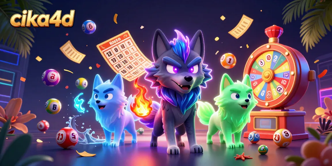 Cika4d's ghostly wolf pack leader and companions celebrate with dynamic lottery elements in a vibrant casino-themed scene.
