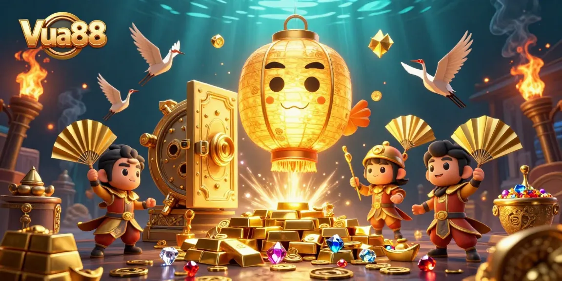 Engage with Vua88's dynamic casino scene filled with golden treasures and animated characters.