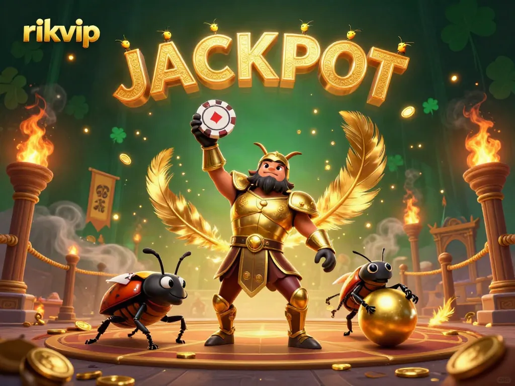 Experience thrilling gameplay at rikvip with vibrant 3D illustration of victory and jackpots.