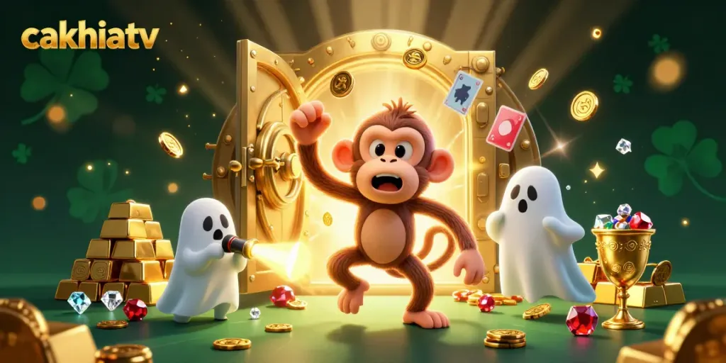 Cakhiatv showcases a mischievous poltergeist monkey juggles golden treasures in a haunted casino.