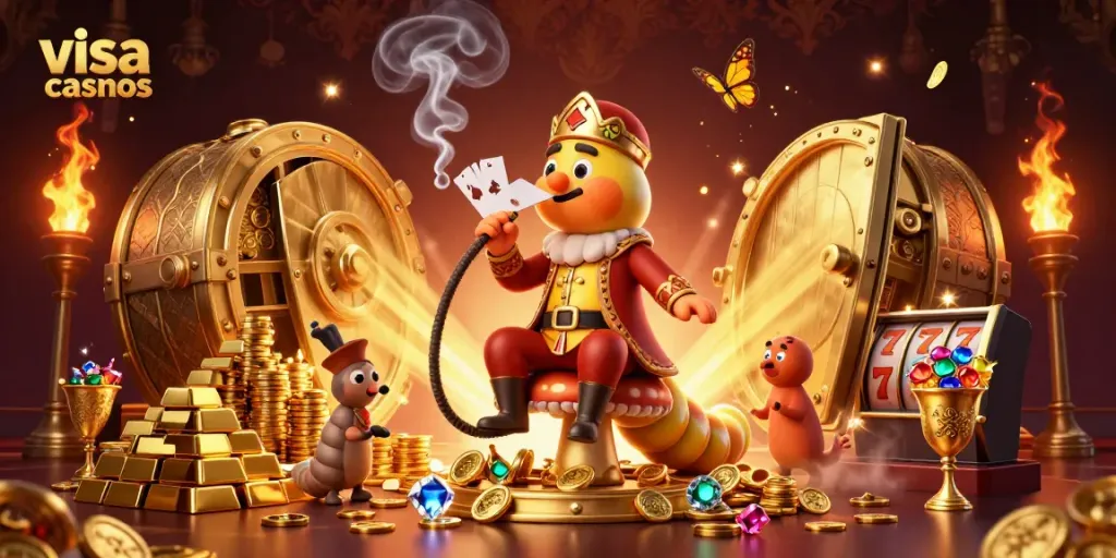 Experience vibrant gameplay at visa casinos with cartoon characters amidst treasures and gaming elements.