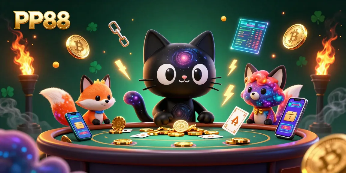 Engage in thrilling gameplay with PP88 at a vibrant cosmic casino featuring dynamic characters and digital elements.