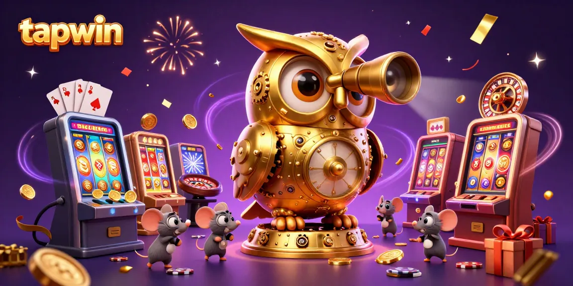 Experience thrilling gaming with tapwin: a dynamic casino scene with a golden owl and mouse patrons.