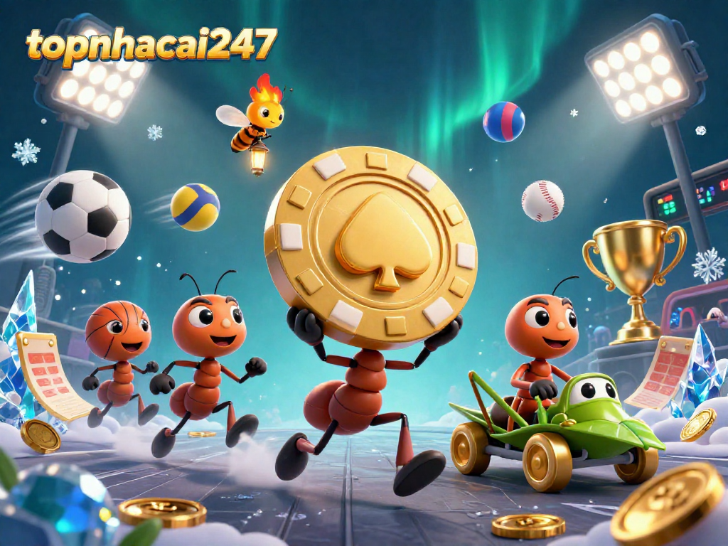 Engage with topnhacai247 as a team of cartoon ants carries a giant poker chip through a tunnel in this vibrant casino scene.