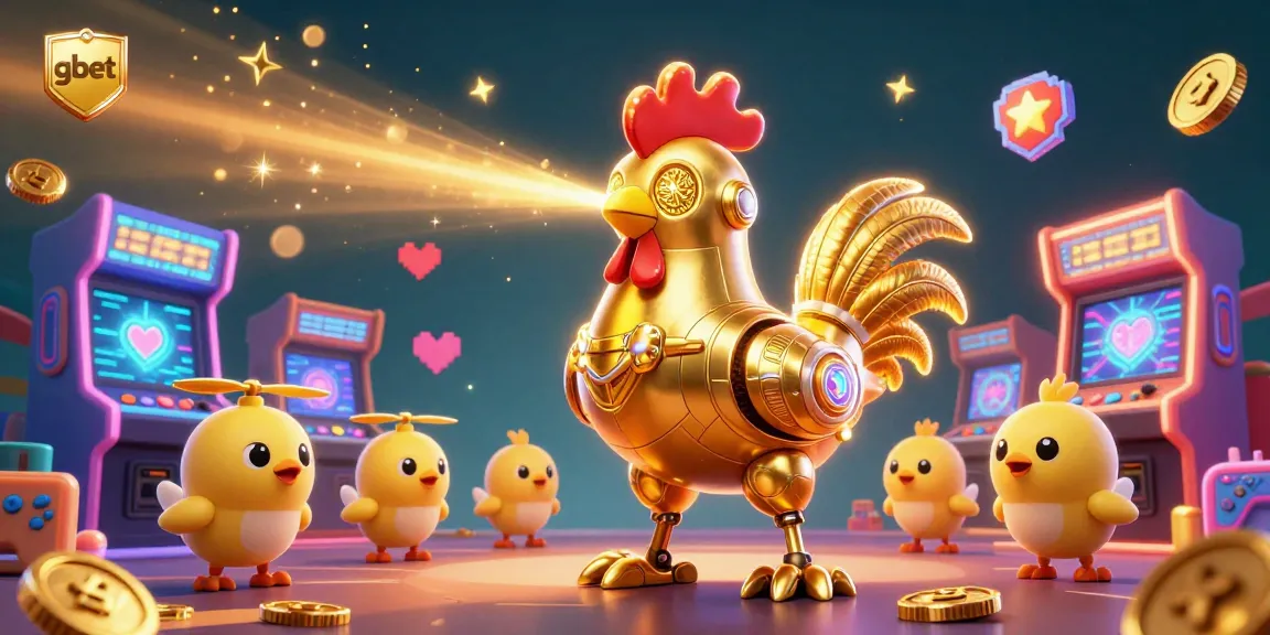 Bet on gbet's exciting games with a vibrant casino illustration featuring a golden rooster robot.