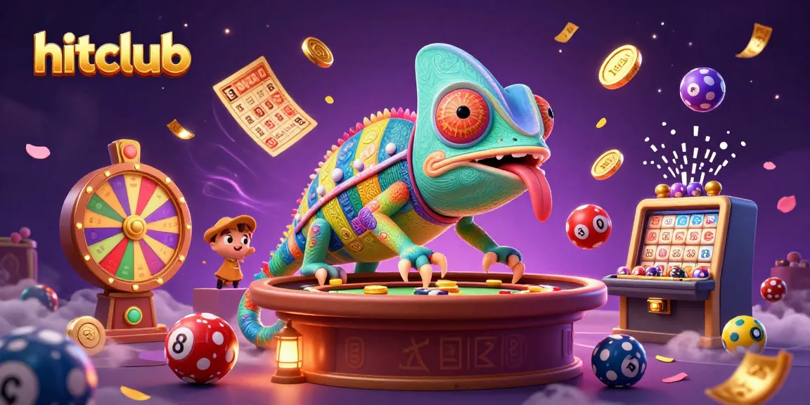 Win big with hitclub's vibrant casino world, featuring a lively chameleon and exciting gaming elements.