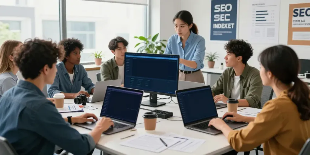 SEO specialist discussing instant indexing strategies with a diverse team in a modern office.