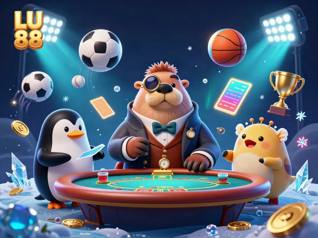 LU 88 showcases a lively underwater poker scene with a jolly walrus, sophisticated penguin dealer, and bluffing pufferfish.