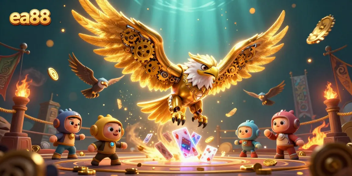 Catch the excitement of ea88 with a golden eagle diving through holographic cards in a dynamic casino scene.
