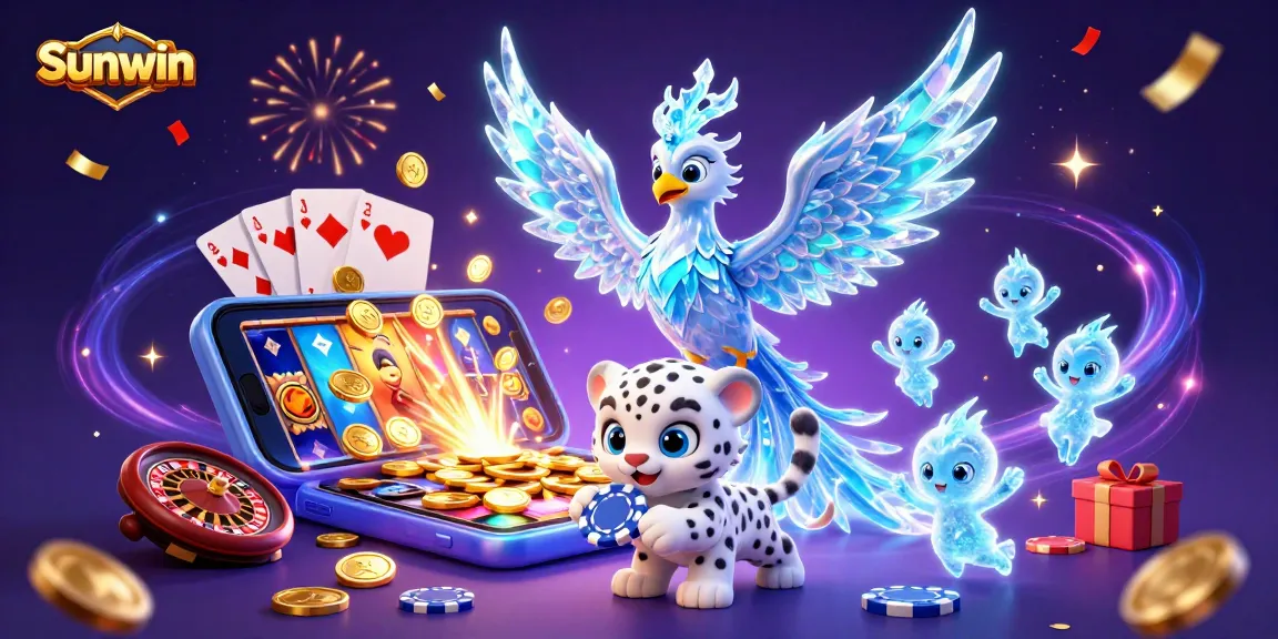 Experience excitement with Sunwin's dazzling games illustrated by a sparkling ice phoenix and playful snowfall.