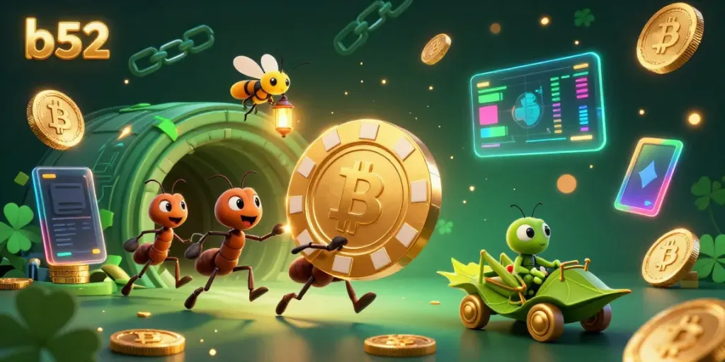 Engage in an exciting b52 gaming adventure with ants carrying a giant poker chip through a vibrant casino.