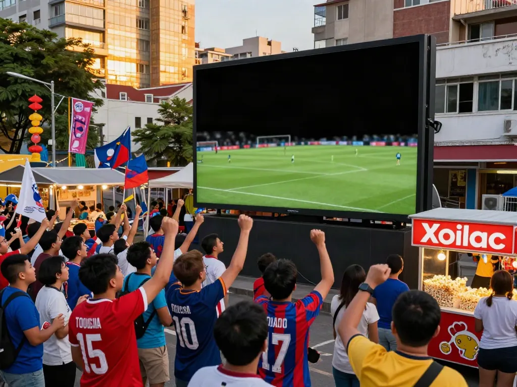 Excited football fans enjoying a live match at Xoilactv gathering, vibrant urban atmosphere.