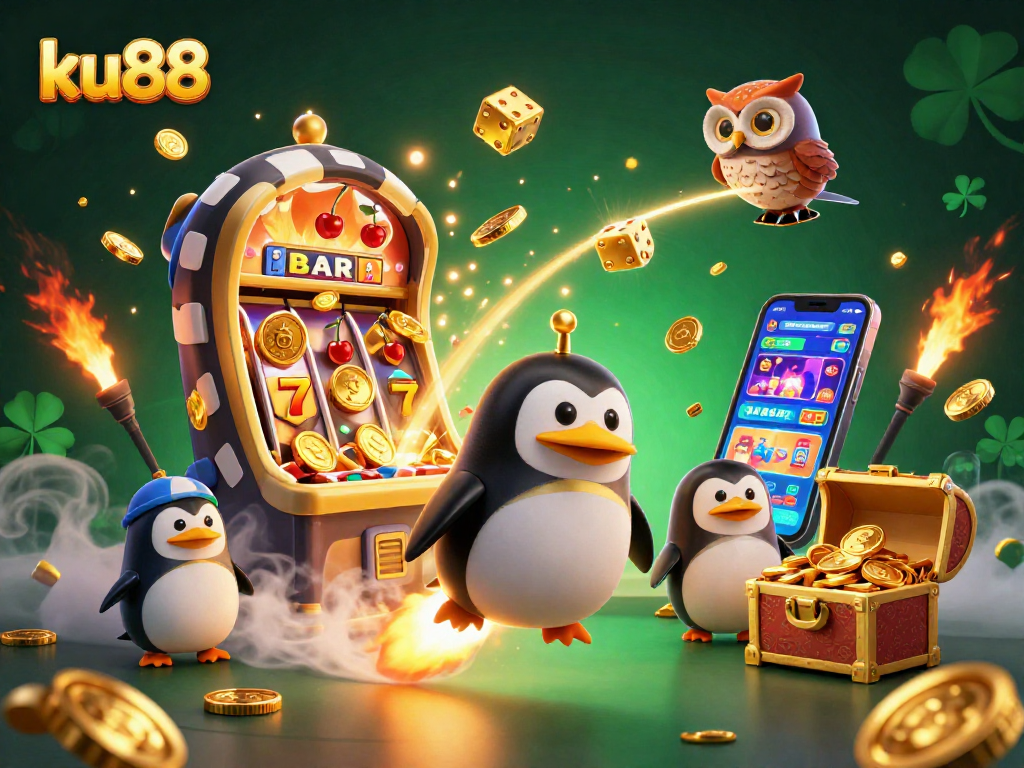 Experience the thrill of ku88 with a golden penguin navigating a vibrant casino space scene.