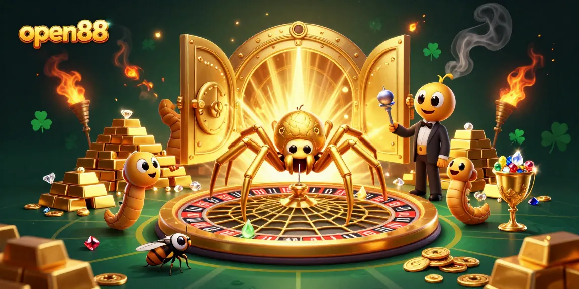 Experience the thrill of betting with open88 at a vibrant 3D casino scene featuring a spider roulette wheel and lavish treasures.