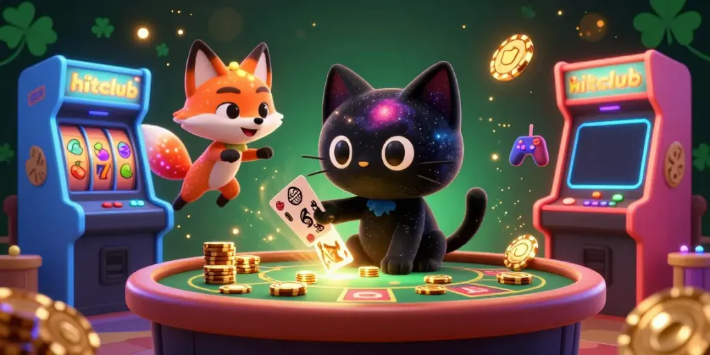 Join the excitement of hitclub with a cosmic casino scene featuring vibrant slot machines and radiant characters.