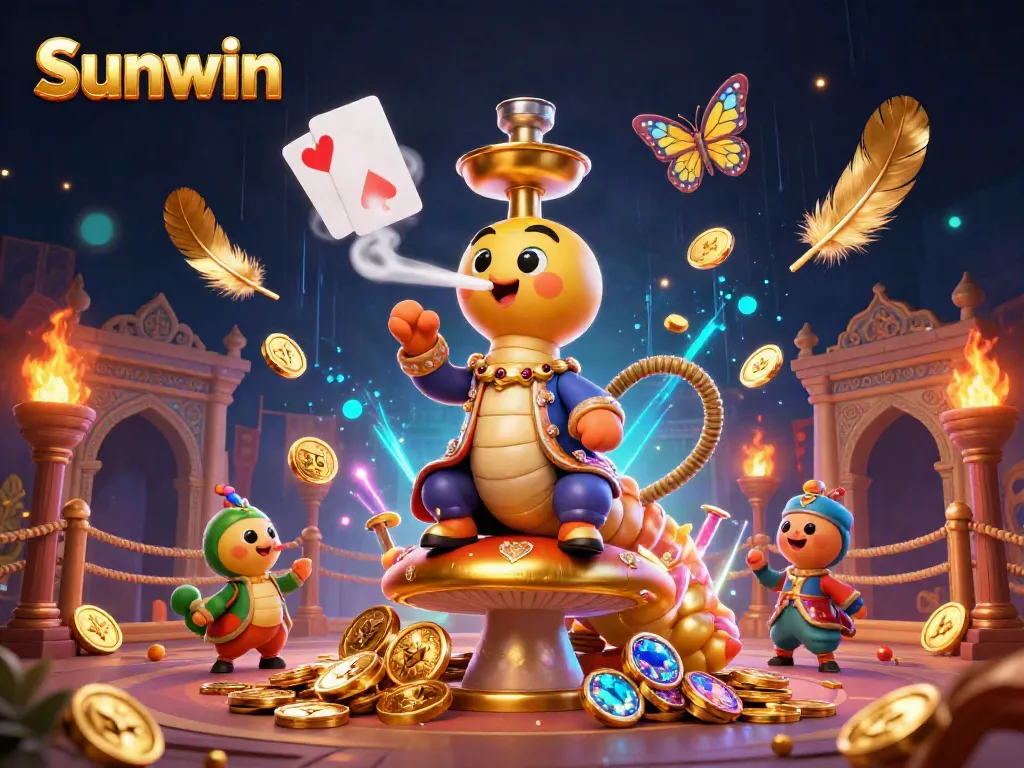 Experience the excitement of Sunwin Casino with a vibrant 3D illustration featuring poker hand symbols and dynamic casino elements.