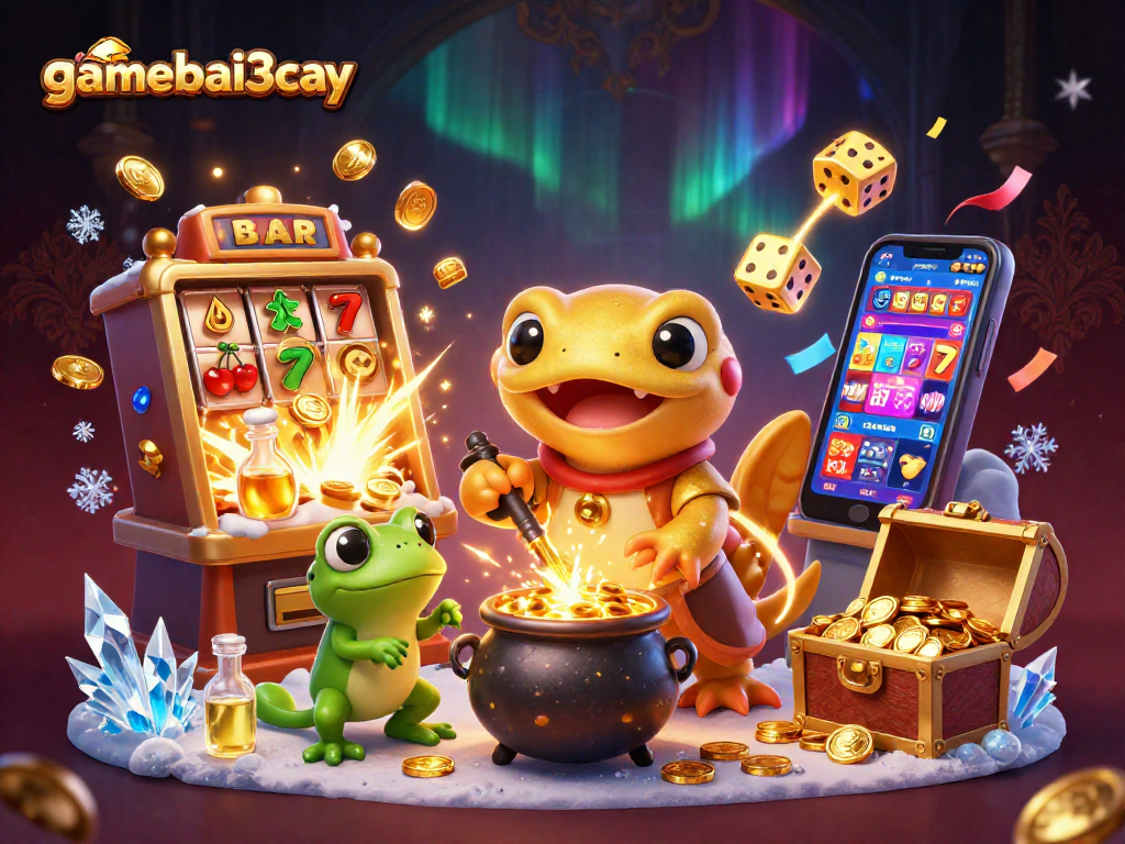 gamebai3cay unleashes a vibrant casino scene with a golden salamander and rich game elements.